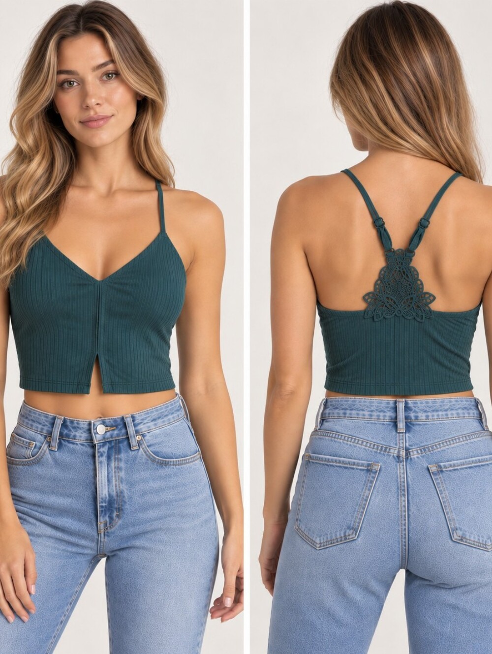 aerie Ribbed V-Neck Lace-Back Crop Cami - Teal